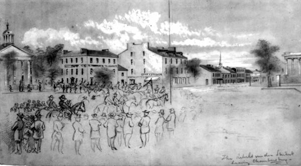 The rebels under Stuart leaving Chambersburg. Civilians in foreground watch Confederates on horseback riding through town. Most figures are outlines. Buildings in background more defined.